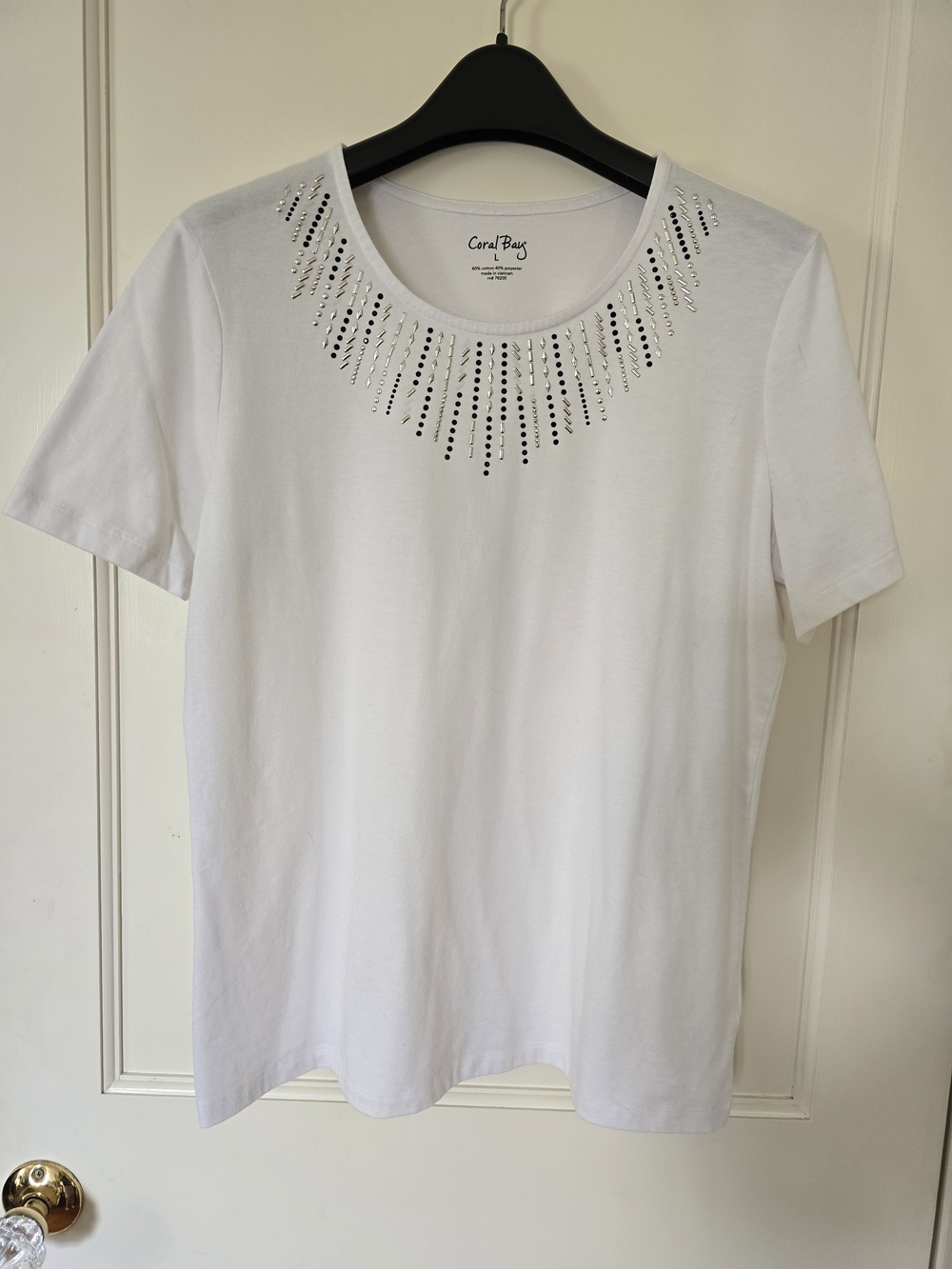 Coral Bay White Short-Sleeve Tee with Silver Rhinestone Accent